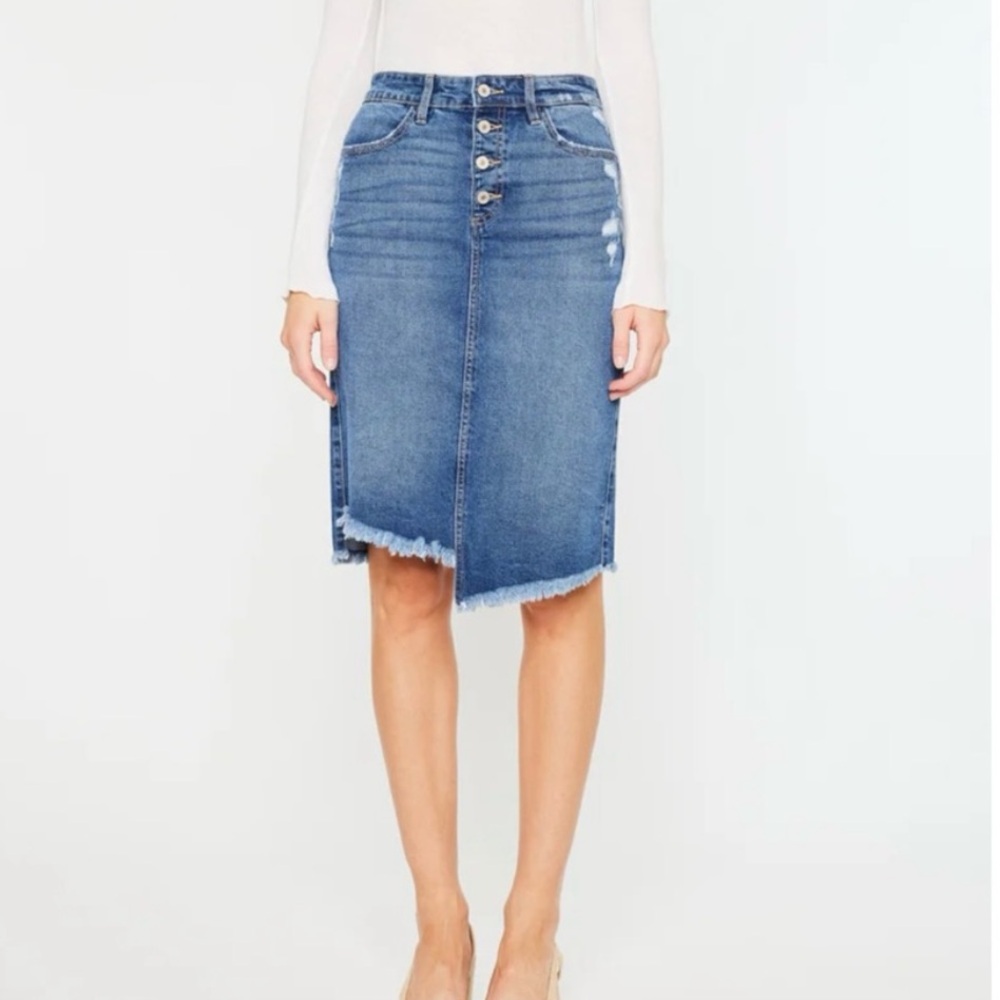 KanCan Florentine Asymmetrical Hem Distressed Denim Midi Skirt